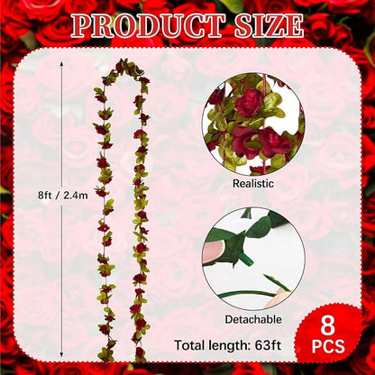 8Pcs 66Ft Burgundy Rose Garland, Fake Rose Hanging Flowers, Artificial Flower Vine, Hanging Floral Vine Garland for Wedding, Birthday Party, Wall Arch, Halloween, Christmas Garden Backdrop Decor