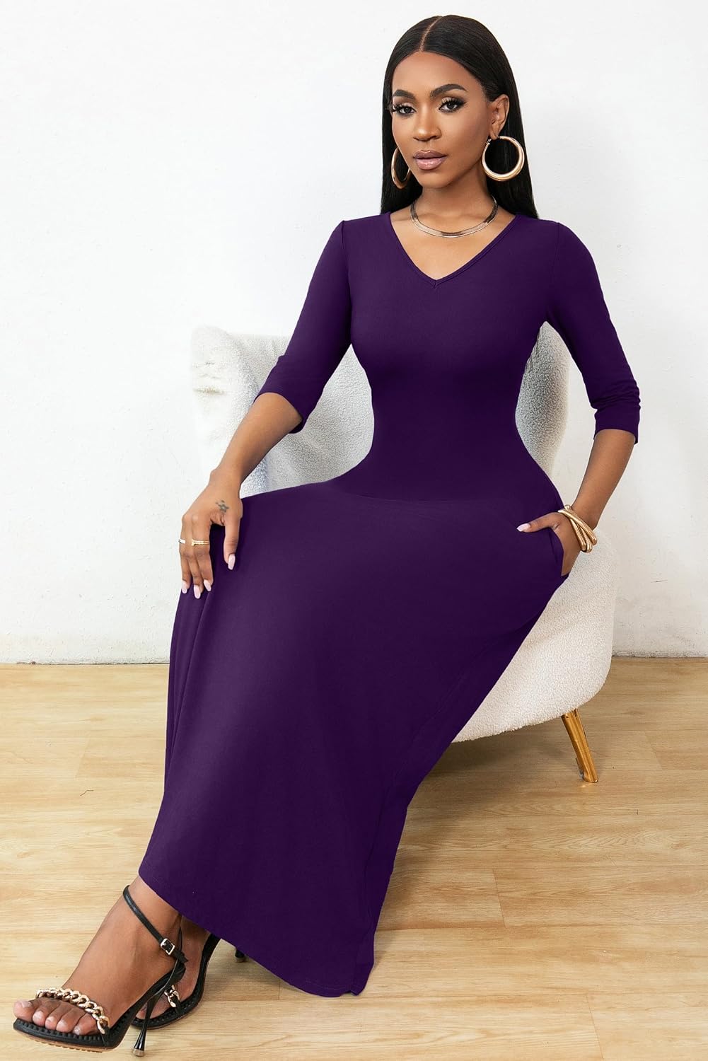 FANDEE Maxi Dress for Women 3/4 Sleeve Maxi Dresses V Neck Casual Loose Long T Shirt Dresses Basic (M-3XL)