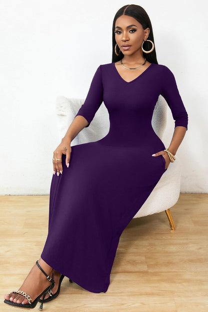 FANDEE Maxi Dress for Women 3/4 Sleeve Maxi Dresses V Neck Casual Loose Long T Shirt Dresses Basic (M-3XL)