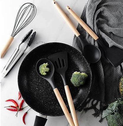 1Pcs Black Silicone Wood Turner Soup Spoon Spatula Brush Scraper Pasta Server Egg Beater Kitchen Cooking Tools Kitchenware