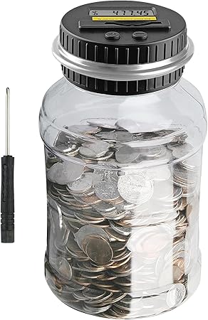 QPEY Coin Counter Piggy Bank, Coin Jar for Adults, Digital Counting Money Jar, 1.8L Capacity Coin Counter Machine with LCD Counter, Change Jars for Saving (Silver)