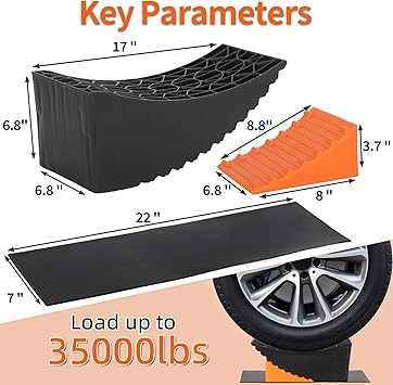 Curved Leveling Blocks, Raised Tire Change Ramp, for RV Camper Travel Trailer, Fits Dual Axle Tandem Wheel Aid Changing, Lift up to 6", Comes with Chock and Rubber Mat (2 Pack)