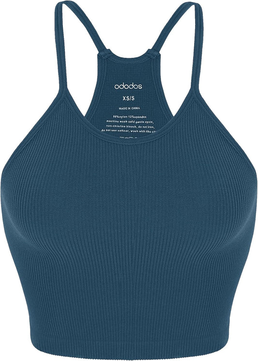 ODODOS Women's Crop Seamless Rib-Knit Camisole Strappy Racerback Cropped Tank Tops