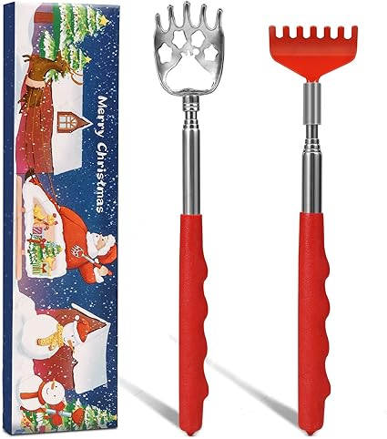 Stocking Stuffers for Men, 2 Pack Extendable Back Scratcher, Christmas Gifts for Men, Santa's Claws Telescopic Back Scratchers with Christmas Gift Box, Red Massage Tool for Back with Rubber Handles