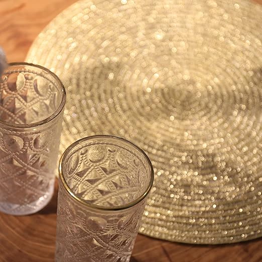 AHHFSMEI Round Braided Christmas Placemats 15 Inch Round Table Mats for Dining Tables Woven Heat Resistant Place mats Set of 6 (Gold Shine)