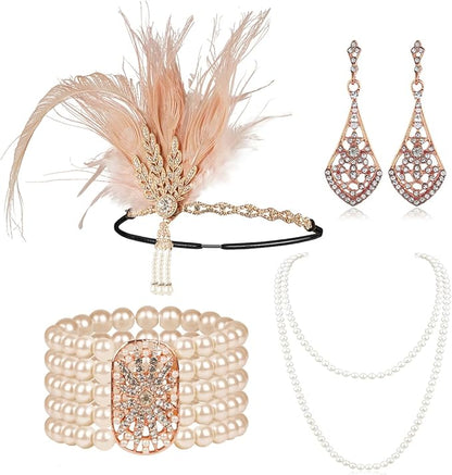 Cizoe 1920s Flapper Gatsby Costume Accessories Set 20s Flapper Headband Vintage Pearl Necklace Gloves