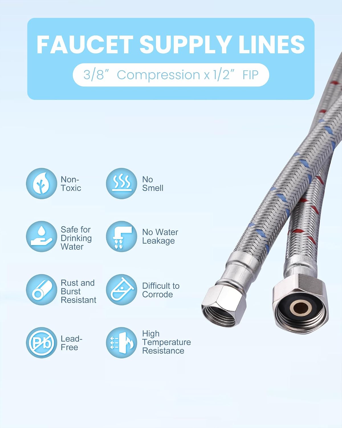 30-Inch Faucet Supply Lines: Braided Stainless Steel Flexible Faucet Hose Connector - 3/8" Compression x 1/2" FIP Water Supply Lines for Bathroom Kitchen Sink Hose Extension 2PCS