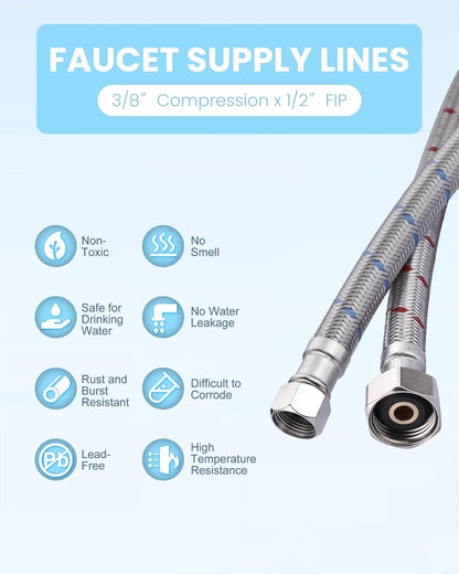 30-Inch Faucet Supply Lines: Braided Stainless Steel Flexible Faucet Hose Connector - 3/8" Compression x 1/2" FIP Water Supply Lines for Bathroom Kitchen Sink Hose Extension 2PCS