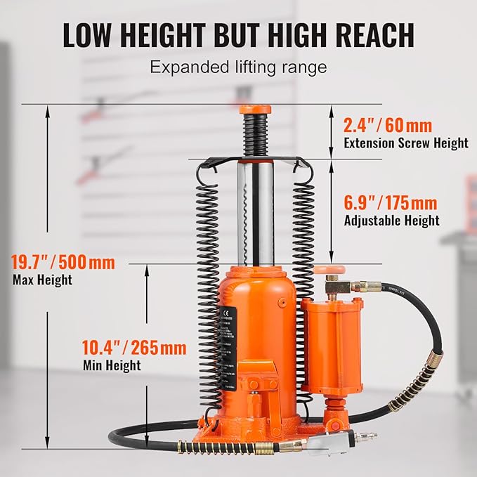 VEVOR Air Hydraulic Bottle Jack, 20 Ton/40000 LBS All Welded Bottle Jack, 10.4-19.7 inch Lifting Range, Manual Handle and Air Pump, for Car, Pickup, Truck, RV, Auto Repair, Industrial Engineering
