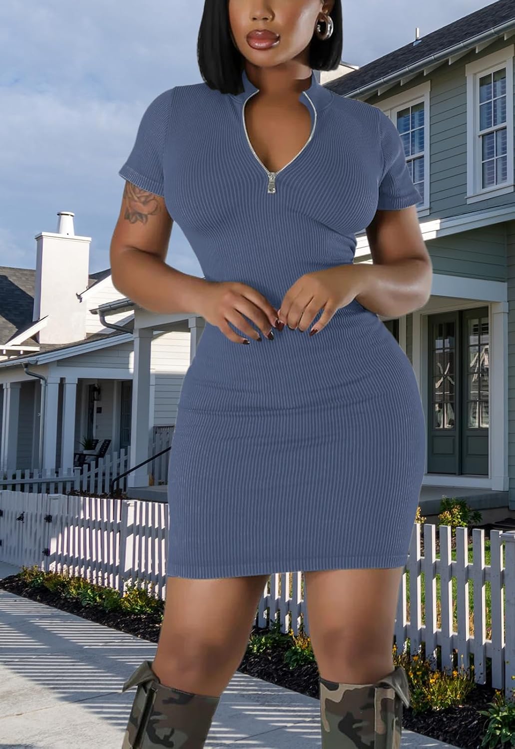 Large Size, Ribbed Bodycon Dresses for Women Short Sleeve Summer Zip Up Front Casual Mini Tank Dress