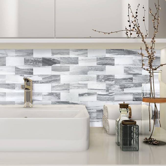 STICKGOO 10-Sheets Peel and Stick Backspalsh, Stick on PVC Wall Tiles, Gray Sky Marble Kitchen Backsplash, Self Adhesive Subway Tile for Kitchen, Bathroom Vanity, RV