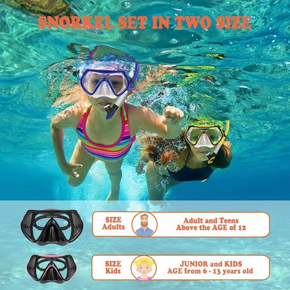 WACOOL Professional Snorkeling Snorkel Diving Scuba Package Set with Anti-Fog Coated Glass Purge Valve and Anti-Splash Silicon Mouth Piece for Men Women (Kids,Pink)