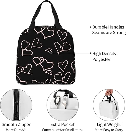 Cute Lunch Bags for Women Lunch Bag for Women,Reusable Insulated Lunch Box Thickening Insulated Cooler Bags for Work Picnic or Travel-Black Love Heart