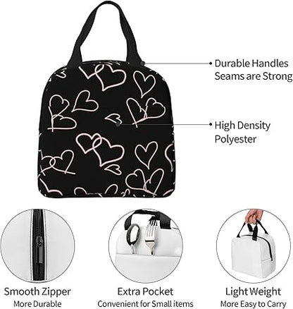 Cute Lunch Bags for Women Lunch Bag for Women,Reusable Insulated Lunch Box Thickening Insulated Cooler Bags for Work Picnic or Travel-Black Love Heart