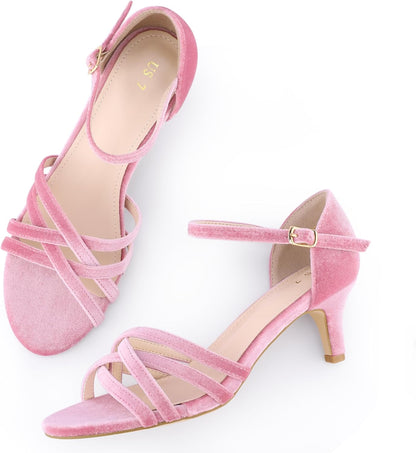 Perphy Kitten Heels Sandals Velvet Strappy Heeled Dance Shoes for Women