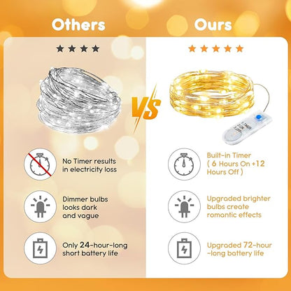 Minetom 6 Pack Fairy Lights Battery Operated String Lights with Timer - 7ft 20 LED Waterproof Silver Wire Firefly Lights Waterproof for DIY Crafts Wedding Decor Table Centerpieces Mason Jars Party