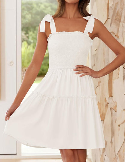 This ZESICA mini dress features a square neckline, adjustable straps, and a ruffled hem - perfect for summer parties, the beach, or everyday wear.