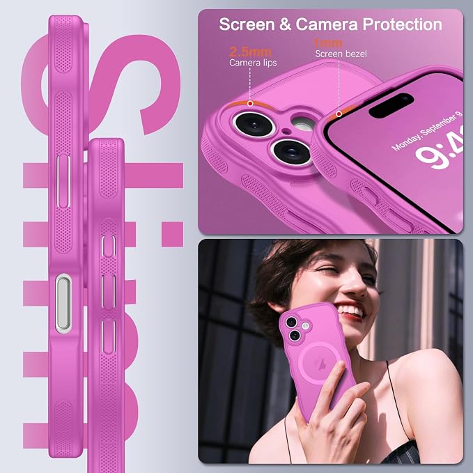 BENTOBEN Magnetic for iPhone 16 Case, Cute Wavy [Full Camera Protection][Compatible with MagSafe] Matte Anti-Slip Bumper Women Girls Boys Protective Phone Case for iPhone 16 6.3", Berry Pink