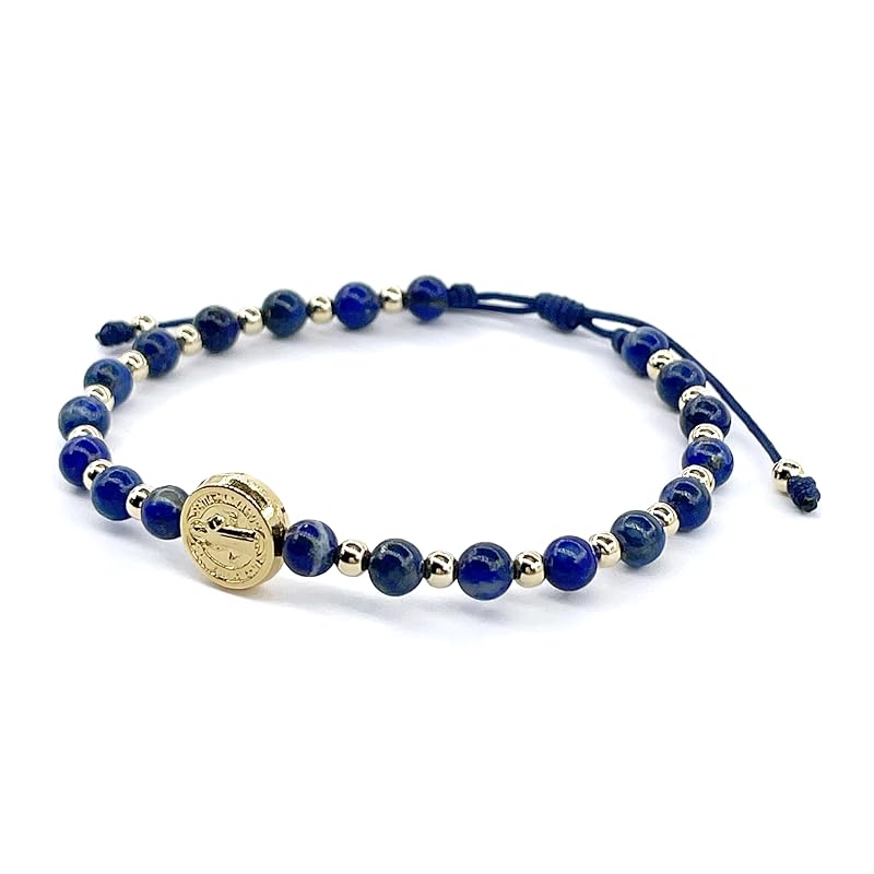 St Benedict Coin and Natural Round Red Coral Beads Adjustable Bracelet for Women (Blue Lapis Lazuli)