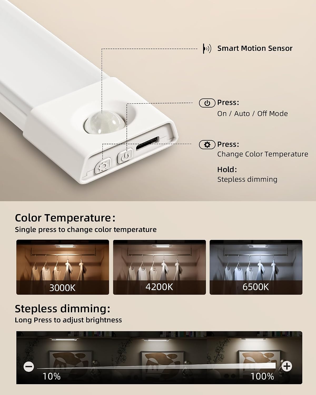 EZVALO 7.8" Rechargeable Motion Sensor Light Indoor, 6-Pack Under Cabinet Lighting, Wireless Closet Lights, 30 LED, Dimmable, 3 Color Temperatures, Step Lights for Kitchen, Pantry, Bedroom, Wardrobe