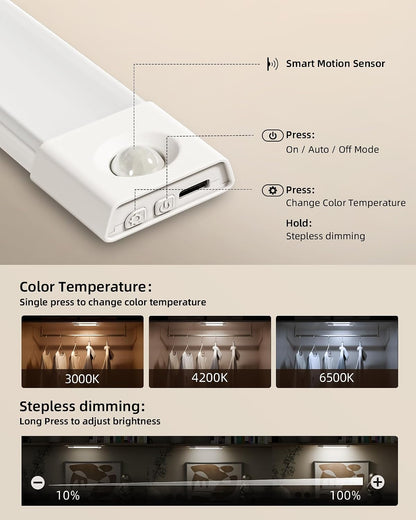 EZVALO 7.8" Rechargeable Motion Sensor Light Indoor, 6-Pack Under Cabinet Lighting, Wireless Closet Lights, 30 LED, Dimmable, 3 Color Temperatures, Step Lights for Kitchen, Pantry, Bedroom, Wardrobe