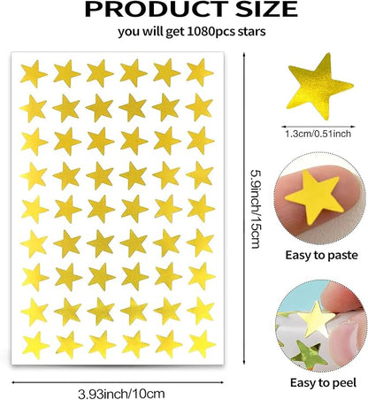 1080 Gold Star Stickers - Foil Star Stickers for Youngsters, DIY & Office Decoration, Student Planner & Classroom Teacher Supplies