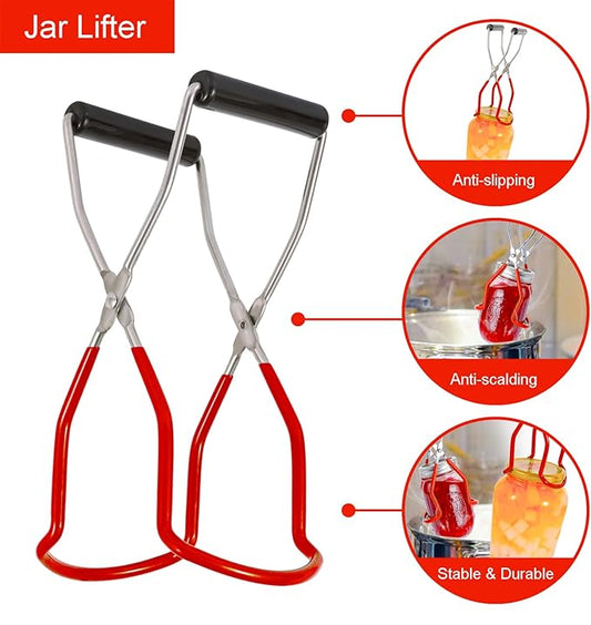 Canning Supplies Starter Kit - 7 Pieces Stainless Steel Canning Set Tools: Steamer Rack,Canning Funnel,Jar Lifter,Wrench, Tongs,Lid LifterBubble Remover Tool, for CannerPot, Beginner (Red)