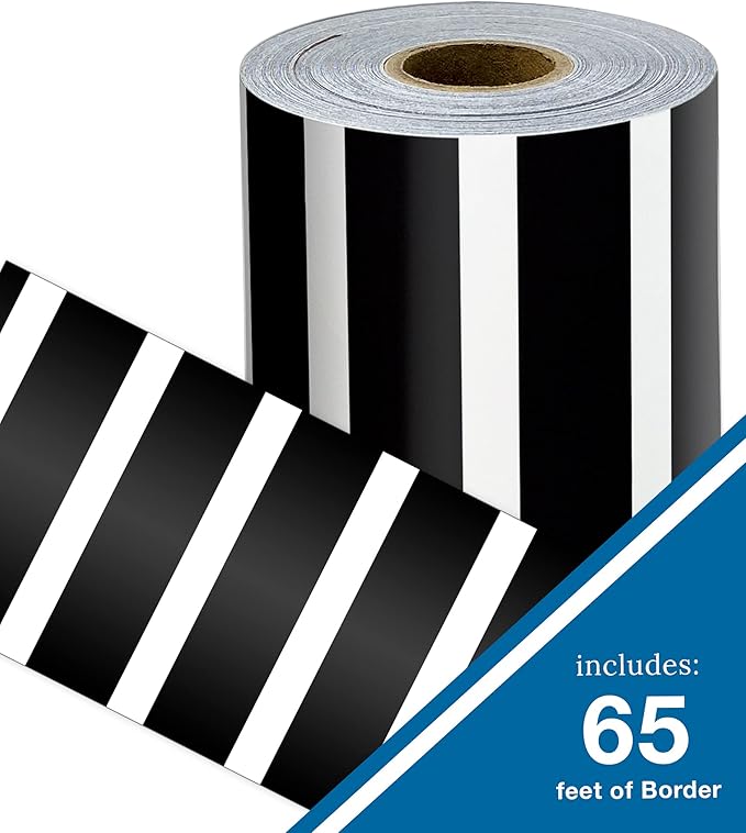 Carson Dellosa 65Ft of Black and White Stripes Bulletin Board Borders, 1 Roll of Trim for Rolling Whiteboard, Posterboard, Party, Office Decorations, and Classroom Decor