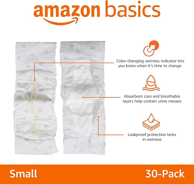 Basics Male Dog Wrap, Disposable Male Dog Diapers, Small, Pack of 30, White