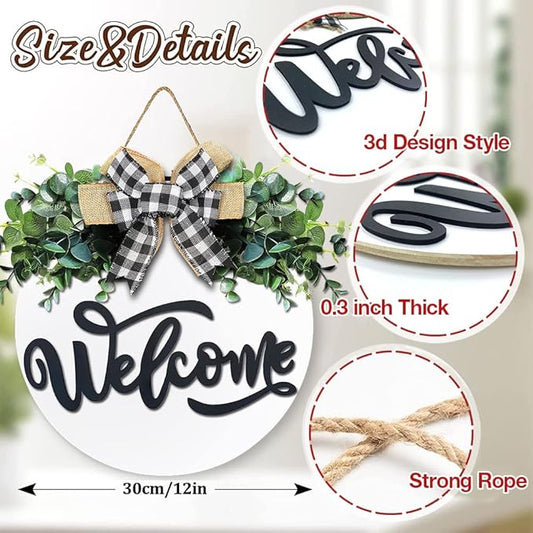Welcome Sign for Front Door, Front Door Decor for Farmhouse Porch, Rustic Welcome Wreaths with Stapled Greenery, Round Wooden Hanging Sign Housewarming Gift for Home Outdoor Indoor (White)