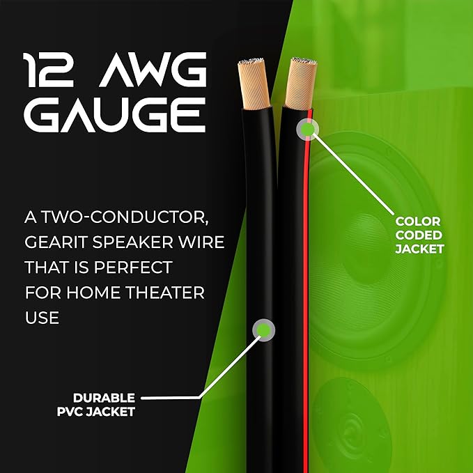 GEARit 12AWG Speaker Wire, Pro Series 12 Gauge Speaker Wire Cable (200 Feet  60.96 Meters) Great Use for Home Theater Speakers and Car Speakers, Black