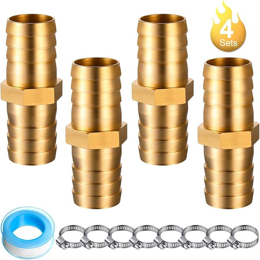 4 Pieces 34 Inch Garden Hose Repair Mender Solid Brass Water Hose Connector Splicer Mender with 8 Pieces Stainless Steel Tightening Clamp and Seal Tape