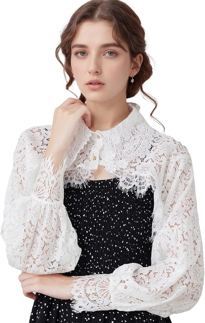FakeCollar Shirt Long Sleeves Lace Shrug Victorian Blouse Crop Top Dickey Collar for Women