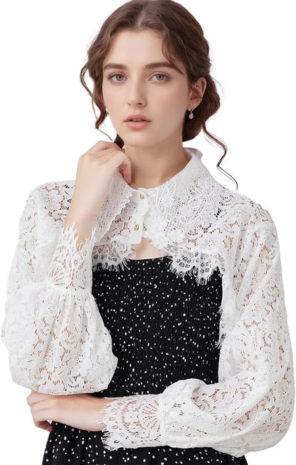 FakeCollar Shirt Long Sleeves Lace Shrug Victorian Blouse Crop Top Dickey Collar for Women