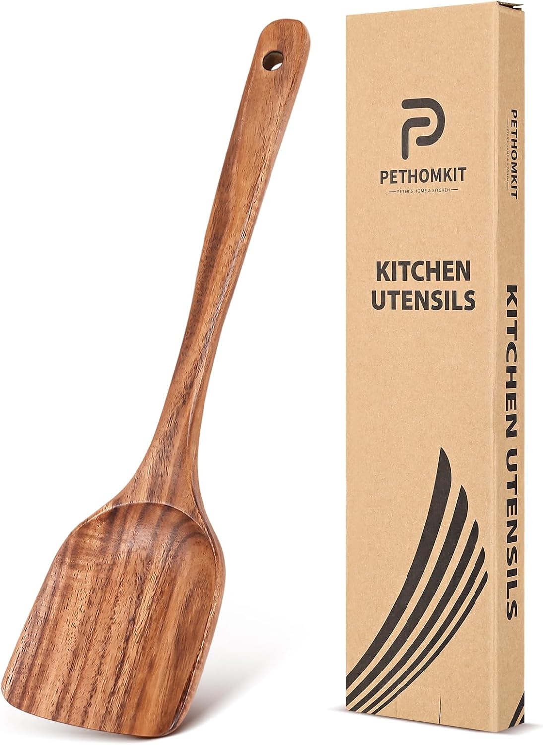 Teak Wood Spatula for Cooking, Wooden Kitchen Cooking Utensil, Large Long Handle Solid Wok Spatula Flipper with Raised Sides for Serving Scooping Frying Mixing Stirring Eggs Beans,Non-Toxic,13.4?,1Pk