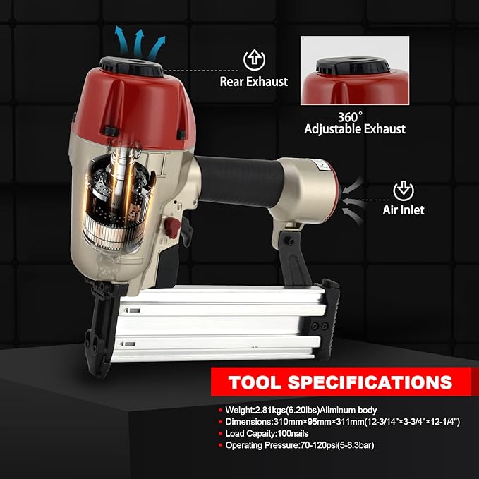 Concrete Nailer, 14 Gauge 34 Inch to 2-12 Inch Concrete T Nailer, Pneumatic Concrete Nail Gun for Furring Strips Lath to Masonry Plywood to Concrete Subflooring and Cement, Air Powered