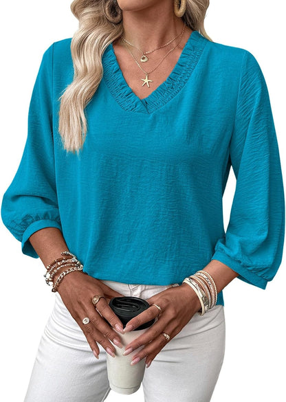 Women Smocked Neck Tops 3/4 Sleeve Loose Fit Shirts Business Dressy Casual 2026