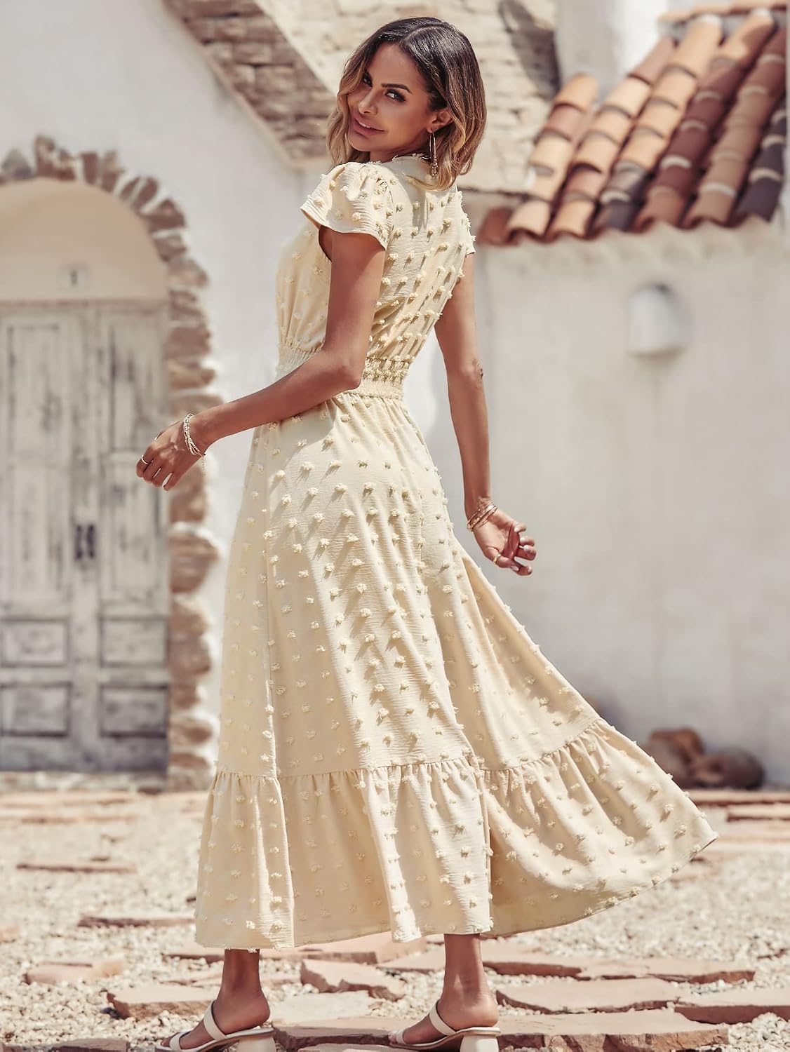 PRETTYGARDEN Womens Dresses 2025 Summer Maxi Dress Boho Short Sleeve V Neck Swiss Dot Ruffle Tiered Smocked Flowy Long Dress