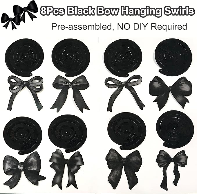 Black Bow Happy Birthday Banner Garland and Hanging Swirls for Girl Black Bow Coquette Birthday Party Decorations