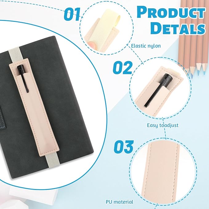 3 PCS Elastic Band Pen Holder for Notebook, PU Leather Pencil Holder Loop, Adjustable Pens Sleeve Pouch for Journal, Office Books School (Black, Beige, Brown)