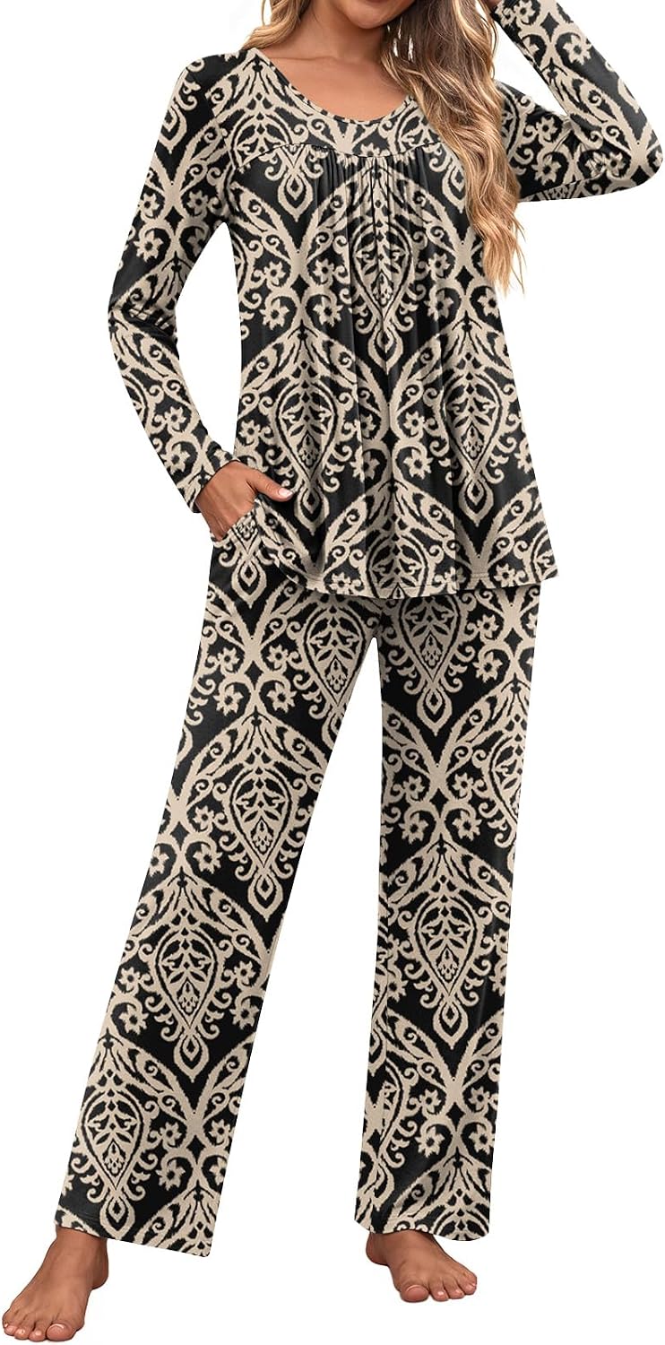 XL, TAOHUADAO Womens Pajamas Set Plus Size Long Sleeve Tops and Pants Pjs Set Ladies Fall Winter 2 Piece Loungewear with Pockets .