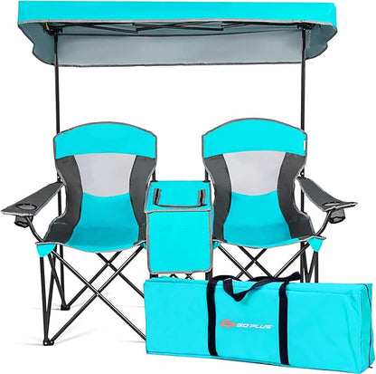 Goplus Double Beach Chair with Canopy Shade, Folding Lawn Camping Chairs with Sunshade  Mini Table Beverage Holder  Carrying Bag for Outdoor Travel Hiking Fishing Poolside