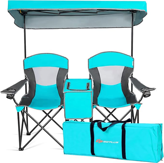 Goplus Double Beach Chair with Canopy Shade, Folding Lawn Camping Chairs with Sunshade  Mini Table Beverage Holder  Carrying Bag for Outdoor Travel Hiking Fishing Poolside