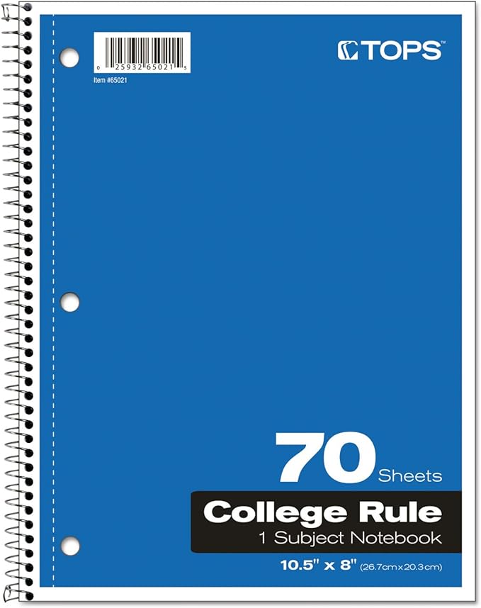 Oxford Spiral Notebook, 1-Subject, College Ruled Paper, 70 Sheets, Color May Vary, 1Notebook (65021) (Pack of 1)
