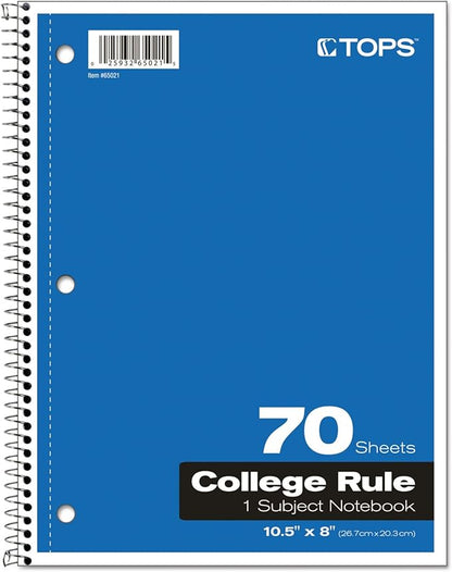 Oxford Spiral Notebook, 1-Subject, College Ruled Paper, 70 Sheets, Color May Vary, 1Notebook (65021) (Pack of 1)