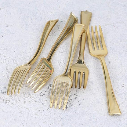 Cabilock 24pcs Disposable Mini Fork Fruit Dessert Pudding Forks Mini Plastic Tasting Forks for Appetizer Desserts Cocktail Cake Fruit Wedding Party Gold