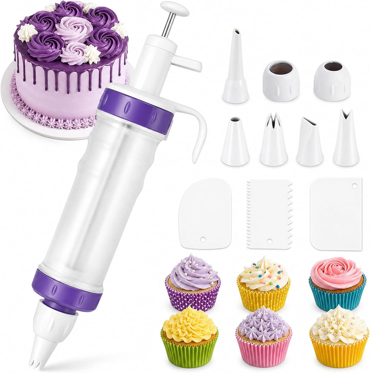 Frosting Piping Kit with Syringe Dispenser, 5 Nozzles, 3 Cake Scrapers Icing Dispenser Tool Cake Decorating Kit for Cupcakes, Cookies, Dessert Filling and Deviled Eggs (2 nozzles not included)