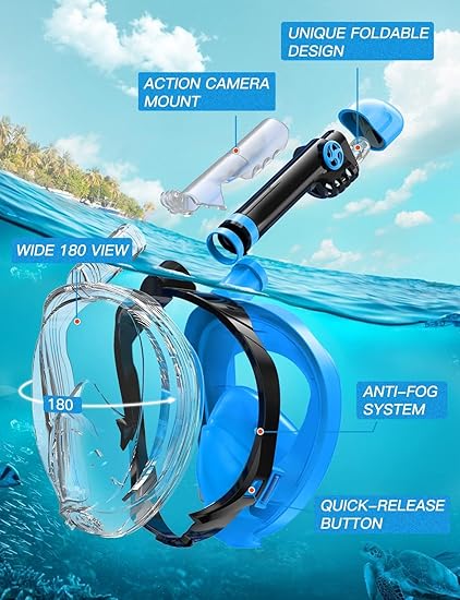 Zenoplige Full Face Snorkel Mask Adults,Dry-Top Snorkeling Gear with Camera Mount,Foldable 180-Degree Panoramic Scuba Mask for Snorkeling Diving Swimming Travel,Snorkel Mask Anti-Fog  Anti-Leak