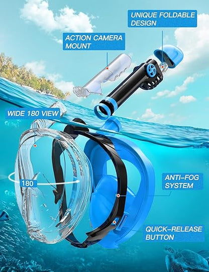 Zenoplige Full Face Snorkel Mask Adults,Dry-Top Snorkeling Gear with Camera Mount,Foldable 180-Degree Panoramic Scuba Mask for Snorkeling Diving Swimming Travel,Snorkel Mask Anti-Fog  Anti-Leak