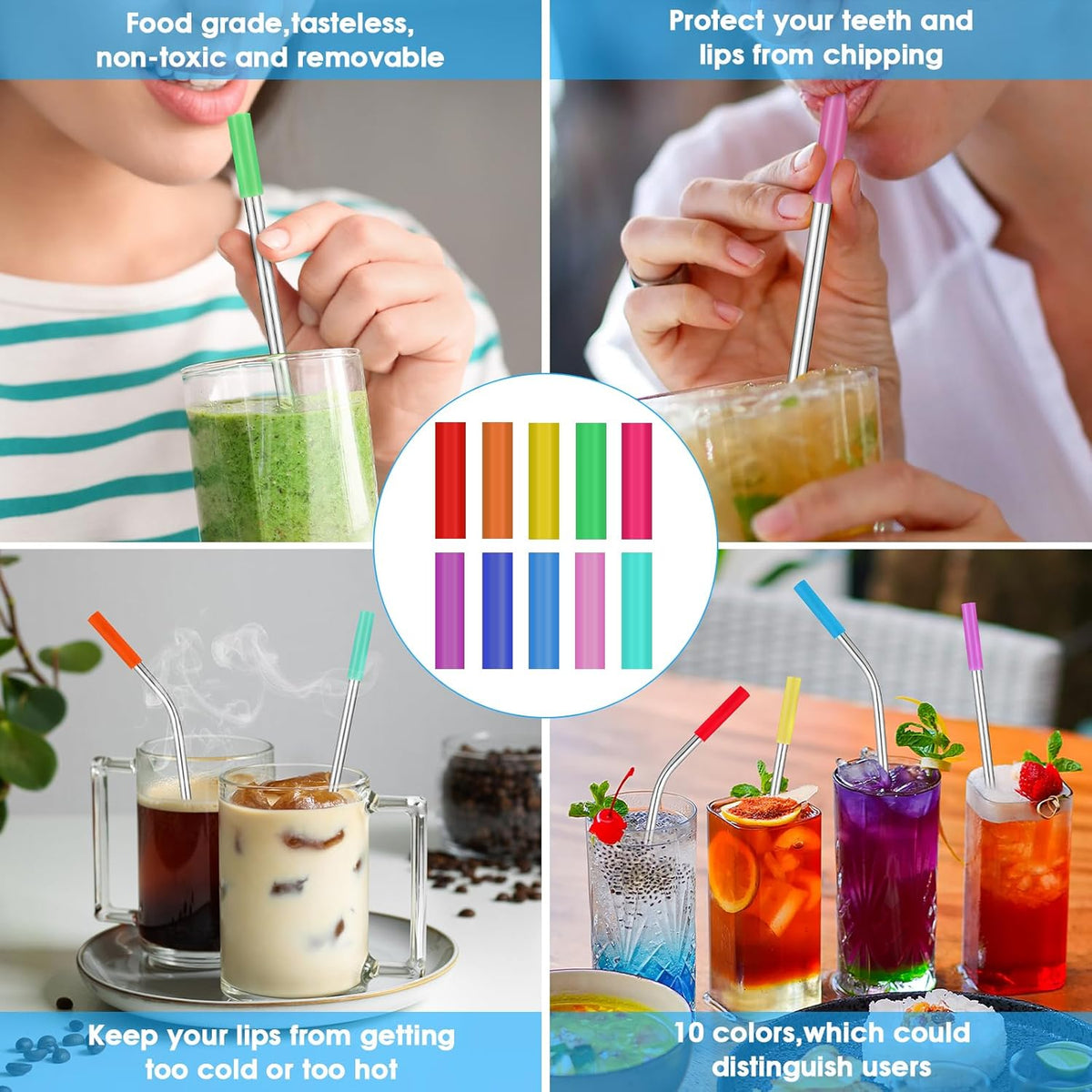 SET OF TEN 10.5" Reusable Bent Stainless Steel Straws with 10 Silicone Tips 5 Cleaning Brush 1 Travel Case Eco Friendly Extra Long Metal Straw Drinking for 20 24 30 oz Tumbler